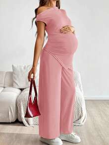 SHEIN Bộ đồ bầu màu trơn, vai lệch, gấu lệch, dáng ôm, phong cách thường ngày mùa hè, 2 món. - Màu Hồng baby - Xem 4