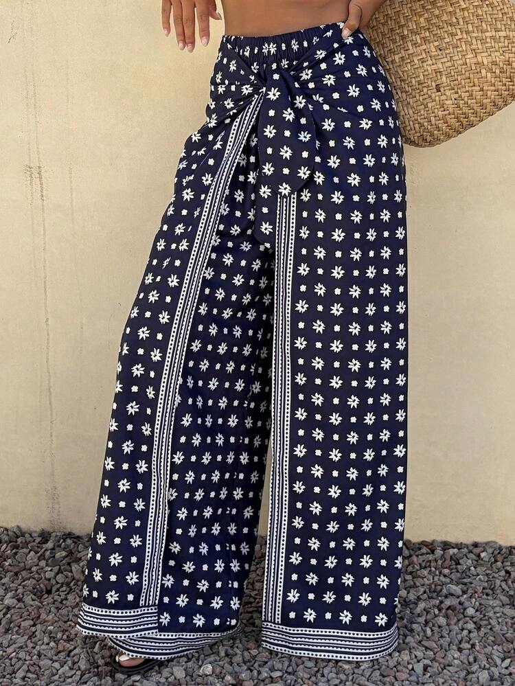 Women's Printed Wrap-Style Loose Wide Leg Pants, Casual Vacation Style
