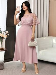 Modelyn Đầm dự tiệc cỡ lớn dành cho nữ, thêu hoa, cổ tròn, eo thắt. - Màu Hồng  San hô - Xem 4