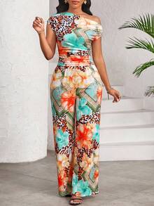 SHEIN Lady Women's Floral Print Ruffle Shoulder Top And Wide Leg Pants Casual 2 Pieces Set - Multicolor - View 5