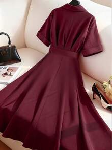 Franclia Women's Elegant Burgundy A-Line Dress Half Sleeve Peak Lapels Plain Midi With Pockets - Burgundy - View 2