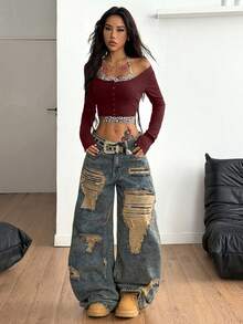 Coolane 女士基本款系带吊带露脐假两件式T恤 - 酒紅色 - 查看 2