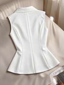 Franclia 大码女式V领无袖衬衫，金属纽扣闭合，A字收腰廓形，优雅法式浪漫复古风格，适合办公室、休闲、海滩、派对、春夏等场合。 - 白色 - 查看 2