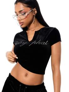 BABYPHAT Áo thun ngắn tay cổ chữ V bằng nhung mềm mại, đính đá lấp lánh, thích hợp cho nữ, thời trang thu đông. - màu đen - Xem 4