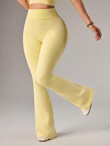 Dewbera Seamless Knit Textured Women Sports Flare Pants - Light Yellow - View 3