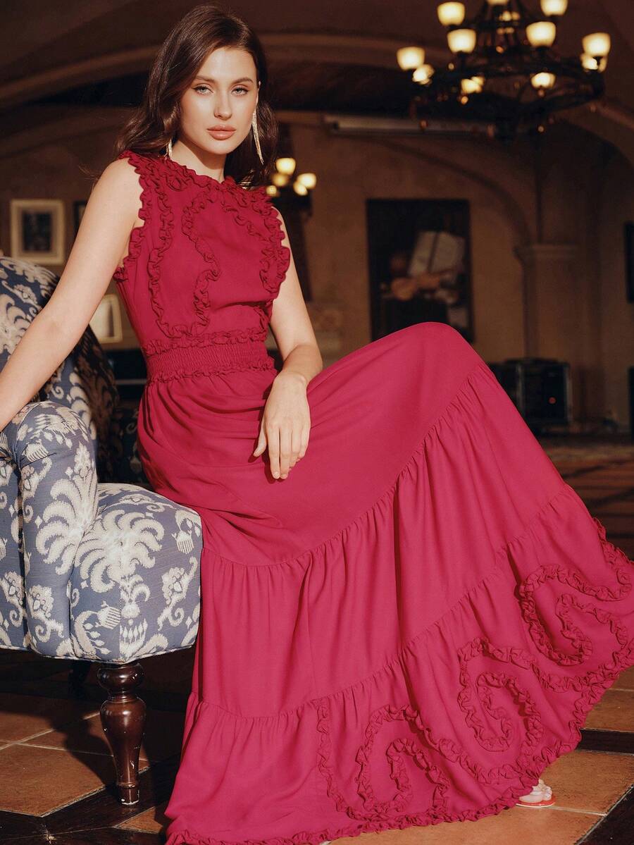 Anewsta Vestido sin mangas con volantes rojos elegantes, diseño de cintura ceñida de lujo, atuendo de primavera/verano para mujer - Rojo - Ver 1