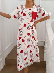Dream Adore Cute Animal & Heart Print Patchwork Lace Pocket Short Sleeve Women Nightgown Sleepwear - Multicolor - View 2
