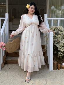 Plus Vestido de mujer de talla grande con estampado de dibujos animados, volantes en la cintura, estilo de vacaciones, vestido largo de verano/primavera, vestido bohemio - Albaricoque - Ver 4