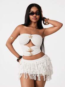 Coolane Women's Spring/Summer Vacation Outfits Boho Hippie Beach Outfits Comfortable Stretchy Off Shoulder Textured White Top - White - View 5