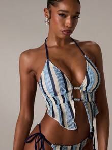 SHEIN BAE 2pcs Women Knitted Halter Removable Padded Bikini Top And Side Tie Swim Shorts Set - Blue - View 6