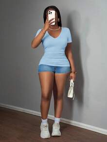 Slaydiva 2025 Plus Size Women Light Blue Summer Smart Casual Everyday Deep V-Neck Ribbed T-Shirt,Sleeveless Racerback Workout Tops,Office Work Clothes Blouses - Sky Blue - View 4
