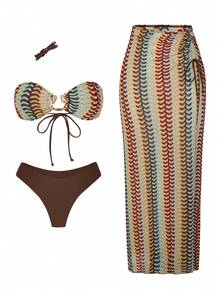 Swim Oasis Summer Beach Vacation Women Bikini Special Fabric Top Metal Shell Accessories With Side Tie Pants, Side Tie Swimwear And Skirt Women Vacation Outfit Sets - Multicolor - View 5