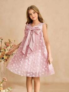 SHEIN Đầm công chúa thanh lịch cho bé gái tuổi teen, đầm phồng 3D dễ thương, nơ lớn trang trí vai, đầm chữ A rộng không tay, thích hợp cho tiệc tùng, sinh nhật, đi chơi, biểu diễn, đầm lưới màu hồng. - Hồng - Xem 7