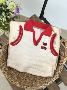 SHEIN LMoss Kids Áo không tay cổ phối màu tương phản in hình quả anh đào cho bé gái - Nhiều màu - Xem 6