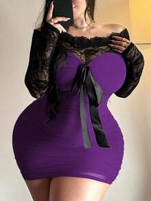 Vibekara Đầm mini ôm sát tay dài trễ vai ren thanh lịch dành cho nữ cỡ lớn - Màu tím - Xem 1