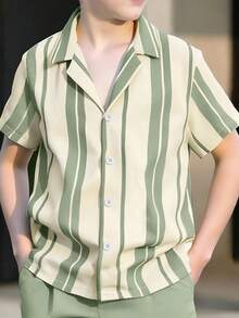 Vacaura 青少年男童休闲条纹衬衫上衣和短裤套装（2件套） - 綠色 - 查看 4