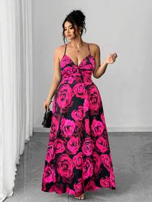 Vestido de mujer talla con nuevo diseño de estampado floral, nudo delantero, cintura con lazo y bajo con abertura, adecuado para vacaciones y citas - Rosa Fucsia - Ver 7