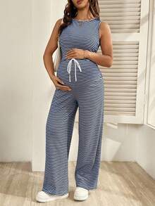 SHEIN 2pcs Maternity Casual Striped Round Neck Vest And Pants Set, Summer World Cup - Royal Blue - View 6