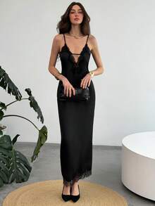 Aloruh Women's Cold Shoulder Spaghetti Strap Black Contrast Lace Asymmetric Hem Dress, Camisole Dress, Party Dress, Elegant Dresses For Party, Sexy Dress, Black Dress, Old Money Style ,Summer Dress - Black - View 9
