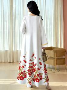 SHEIN Najma 女士印花V领喇叭长袖连衣裙，优雅阿拉伯风格长款连衣裙，复古高贵，春秋季 - 彩色 - 查看 2