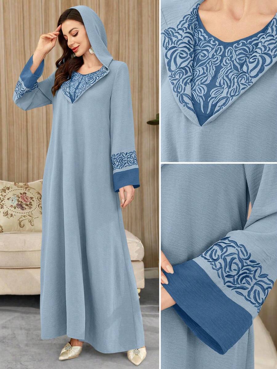 Al Najma 女士简约日常刺绣撞色连帽连衣裙 - 藍色 - 查看 1
