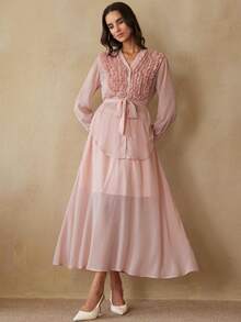 BELROSIE Elegant Women's Chiffon Crinkle Fabric V-Neck Frill Trim Loose Belted Blouse Paired With Elastic Waist A-Line Skirt, 2 Pieces Set - Pink - View 1