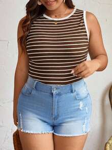 Elaquor Plus Size Women Casual Versatile Round Neck Striped Fitted Tank Top - Coffee Brown - View 5