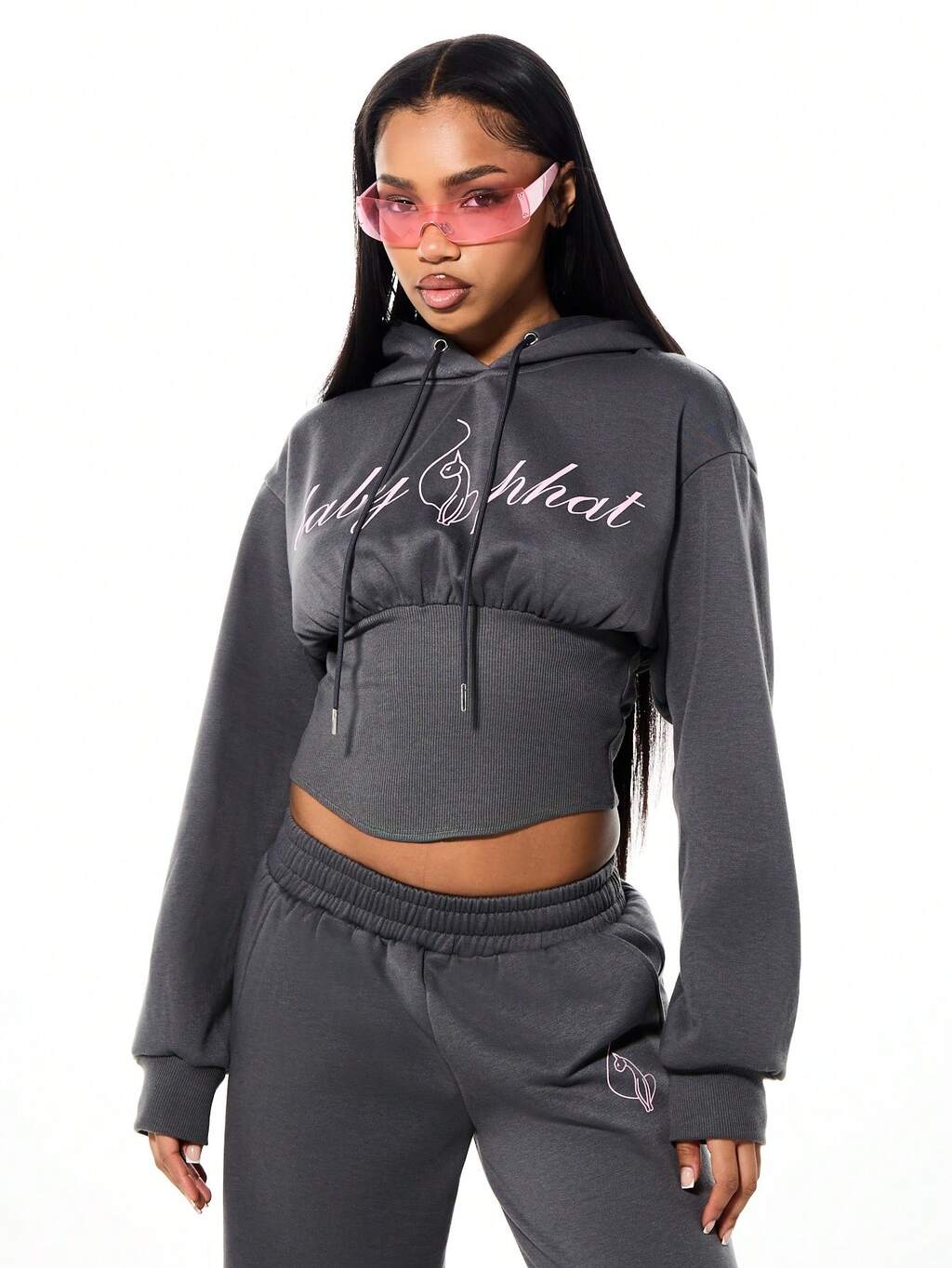 BABYPHAT ロゴ入りコルセットフーディー、紐付き、センターポケット、長袖、カジュアル、秋冬、快適でリラックスしたフィット、プルオーバートップス