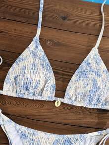 Swim Vcay 2026春夏吊带白色底蓝色花卉挂脖系带高衩比基尼泳衣两件套，度假风 - 彩色 - 查看 5