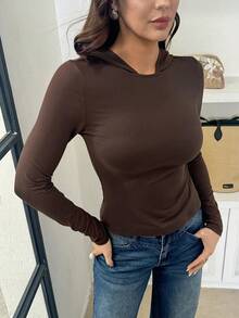 Modelyn Women's Casual Commuting Versatile Hooded Long Sleeve T-Shirt, Slim Fit Stretchy Base Layer Top - Brown - View 5