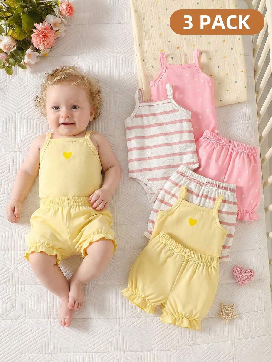 Bộ đồ 6 món cho bé gái sơ sinh mùa hè, dệt kim, kẻ sọc và in hình ngôi sao, gồm áo liền quần và quần lửng. - Nhiều màu - Xem 1