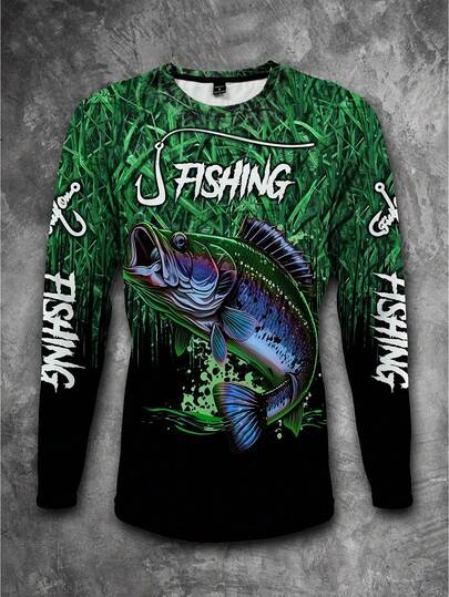 Manfinity Roughcore 男士长袖休闲钓鱼衬衫 - 3D 鱼印花，圆领，涤纶，黑色和蓝色渐变，非常适合户外活动，钓鱼配件钓鱼衬衫男士长袖图案钓鱼连帽衫男士长袖夏季 T 恤长袖钓鱼衬衫。送给男朋友或丈夫的绝佳礼物。