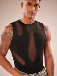 FeverCity Men's Solid Color Mesh Patchwork Sexy Bodysuit - Black - View 3