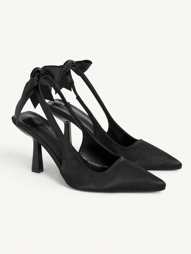 CUCCOO CHICEST Ladies Black Satin Pointed Stilettos - Black Bow Hollow Back Hollow Design Elegant And Cute College Heels Wedding Shoes Summer Shoes Bride Shoes