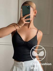 DAZY 1件女士纯色吊带背心，内置胸垫 - 黑色 - 查看 5
