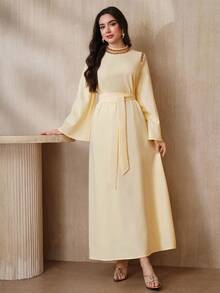 Graceveil 女士优雅派对连衣裙，立领，喇叭袖，饰以水钻和珍珠，腰间系带，适合春秋季穿着。 - 淡黃色 - 查看 1