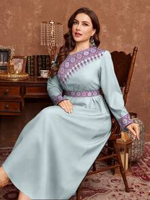 Al Najma Plus Size Women Arabic Style Elegant Floral Print Waist Cinched Dress, Suitable For Spring And Autumn - Cadet Blue - View 6