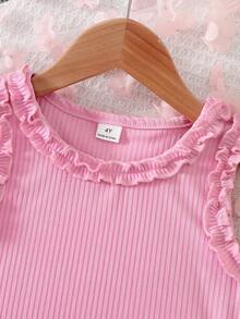 Genkimix Kids 2件套女童罗纹针织纯色无袖荷叶边下摆背心和迷你裙套装，适合休闲、度假、运动、夏季穿着 - 粉色 - 查看 3