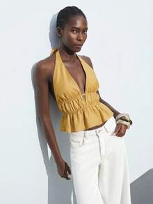 Maija Tank Top Wanita Kasual Warna Polos dengan Hem Bergelombang dan Punggung Terbuka, Musim Panas - Kuning - View 4