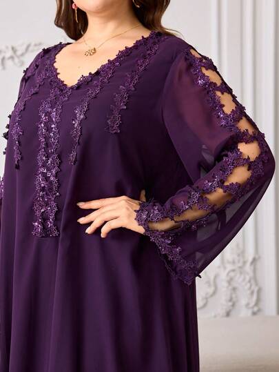 Al Najma Plus Size Women's Casual Solid Color Chiffon Beaded Lace Trim V-Neck Long Sleeve Loose Maxi Dress, Spring/Summer
