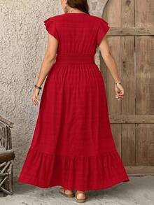 SHEIN CURVE+ Curve Size US22Music Festival, Seaside Vacation, BohemiaWomen's Casual Red Long V Neck Dress With Flounce Cap Sleeves And Shirred Woven Fabric Red Dress - Red - View 2