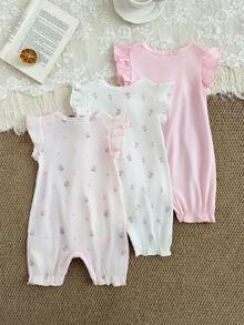 SHEIN Bộ 3 món/áo liền quần ngắn nhiều màu sắc mùa hè cho bé gái, họa tiết hoa vui nhộn, dễ thương và năng động, với tay áo bồng bềnh và cổ tay bo chun, một món đồ không thể thiếu cho những chuyến đi chơi hàng ngày. - Nhiều màu - Xem 2