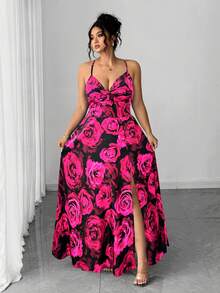 Vestido de mujer talla con nuevo diseño de estampado floral, nudo delantero, cintura con lazo y bajo con abertura, adecuado para vacaciones y citas - Rosa Fucsia - Ver 5