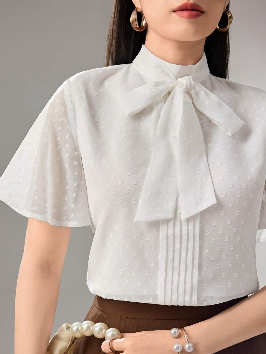 Heiryn Women's Elegant Elegant Office Commute Solid Color Knotted Collar Flutter Sleeve Blouse, Summer,Summer Top