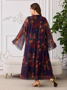 Al Najma Robe maxi ample à manches longues, col V, imprimé floral, style décontracté, pour le printemps/été, grande taille, pour femmes, style arabe - Multicolore - Voir 2