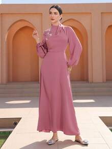 Graceveil Elegant Stand Collar Cinched Waist Flared Long Sleeve Applique Dress For Women - Pink - View 5
