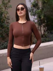 Andrea Bello Women's Round Neck Fitted Short Jacket Y2k - Brown - View 1