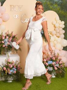 Loomaby White Summer Elegant Silky Baby Shower Maternity Dress,Lace Mermaid Gender Reveal Formal Party Gown,Wedding Guest Dress For Pregnant Women Outfit - White - View 2