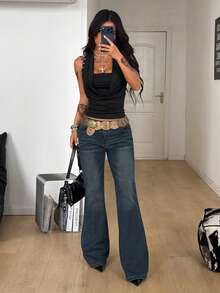 Coolane Summer Outfit For Women Going Out Y2K Streetwear Renaissance Fair Western Wear Cowgirl Gyaru Draped Collar Slim Fit Backless Beaded Halter Top - Black - View 5