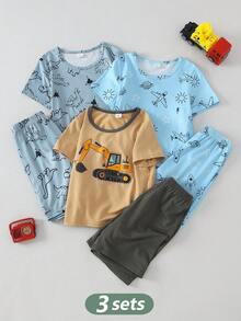 6pcs/Set Toddler Boys' Casual Cute Cartoon Dinosaur & Letter Print Soft Knit Fabric Round Neck Short Sleeve Top And Shorts Pajama Set, Daily Wear - Multicolor - View 6
